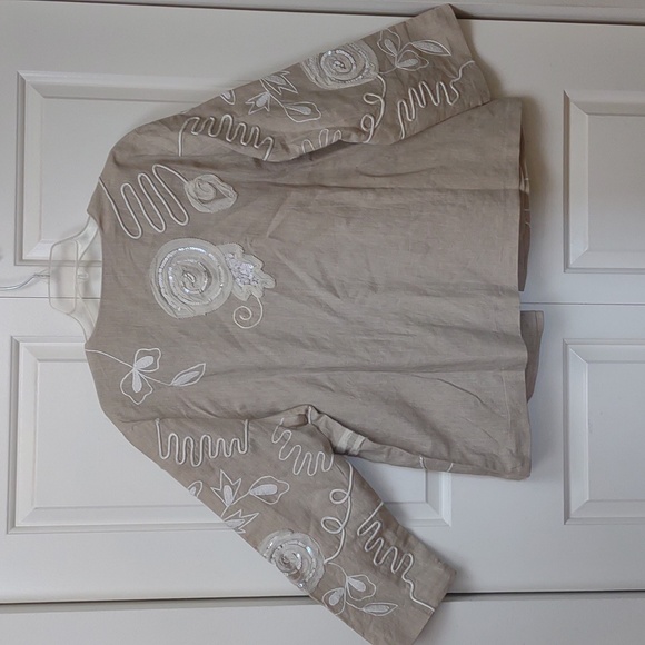 TravelSmith Applique Embroidery Trapunto Open Front LinenCotton Lined Jacket New - Picture 13 of 14